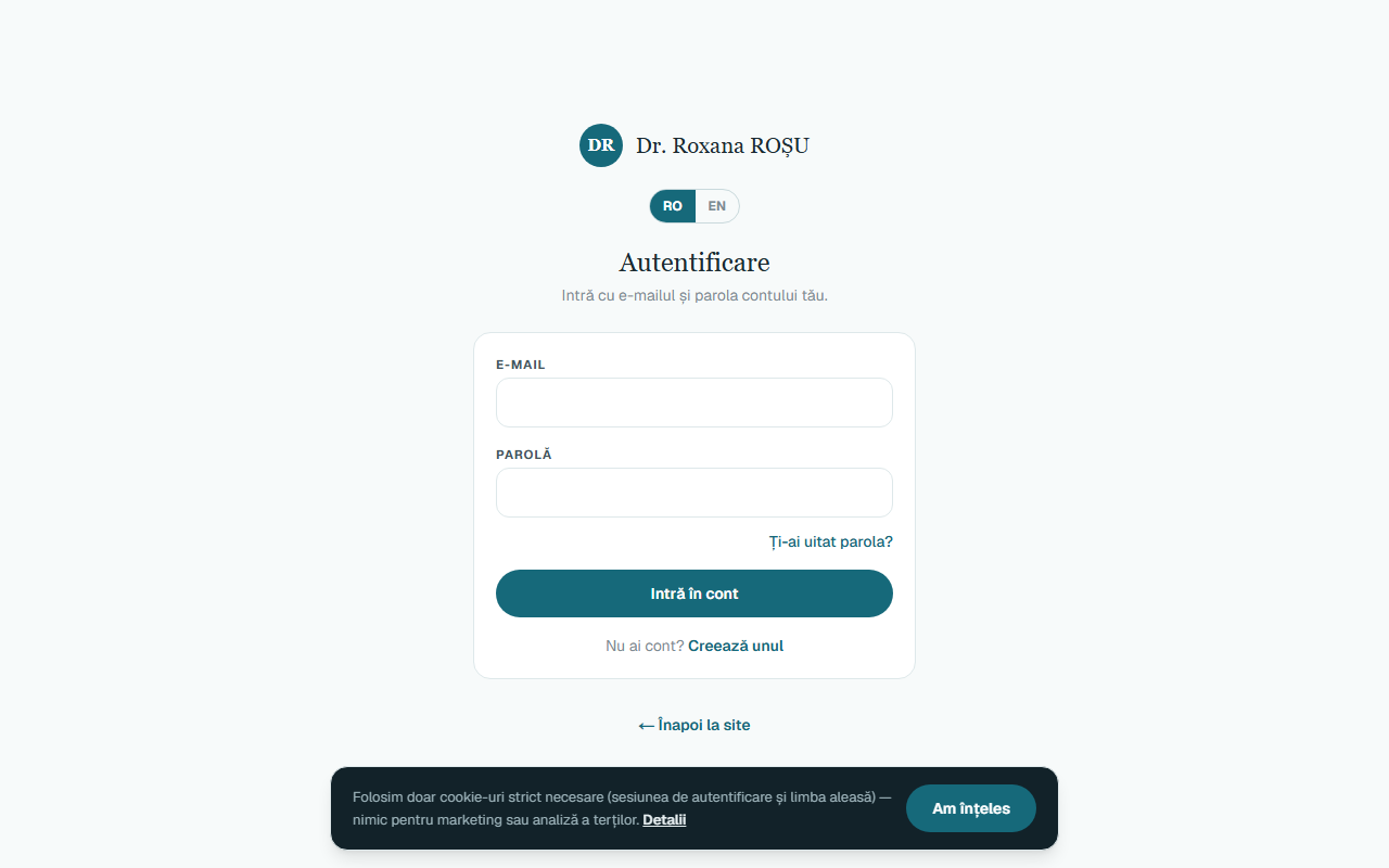 Ecranul de autentificare al aplicației, cu câmpurile pentru e-mail și parolă.