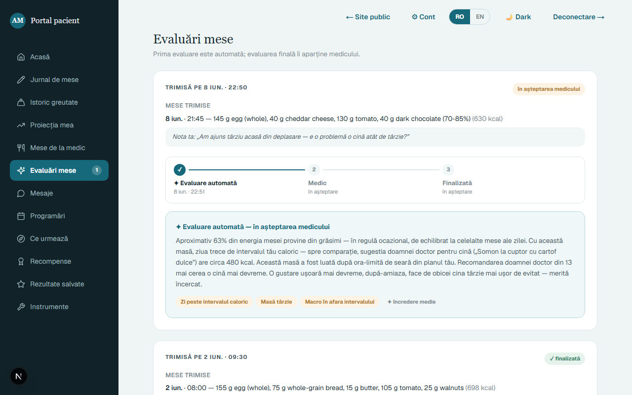 Ecranul de evaluări ale meselor, cu mesele trimise și statusul fiecăreia.