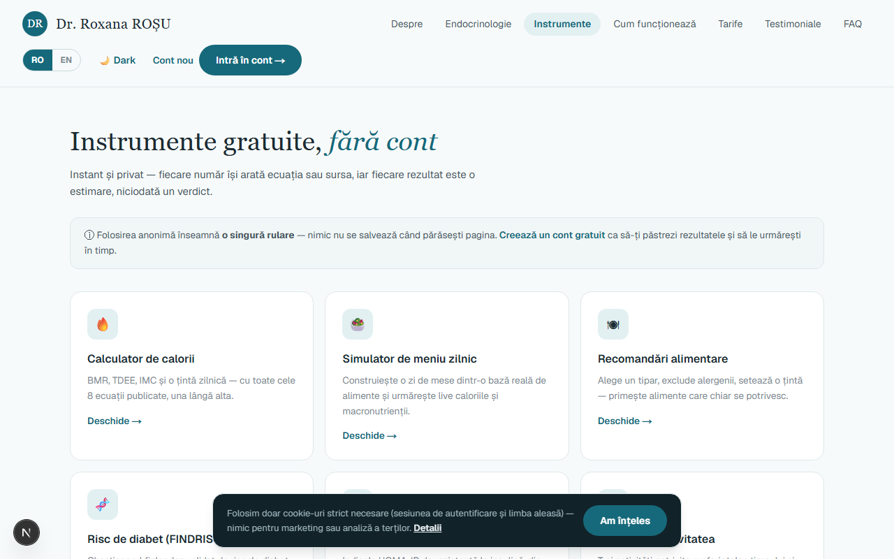 Grila cu cele unsprezece instrumente gratuite din aplicație, grupate pe categorii.