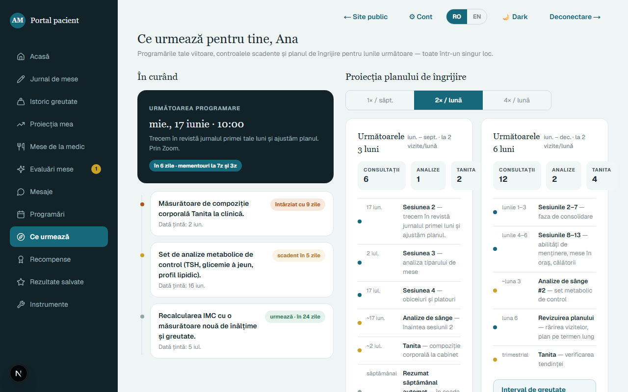 Ecranul „Ce urmează”, cu programările viitoare și obiectivele.